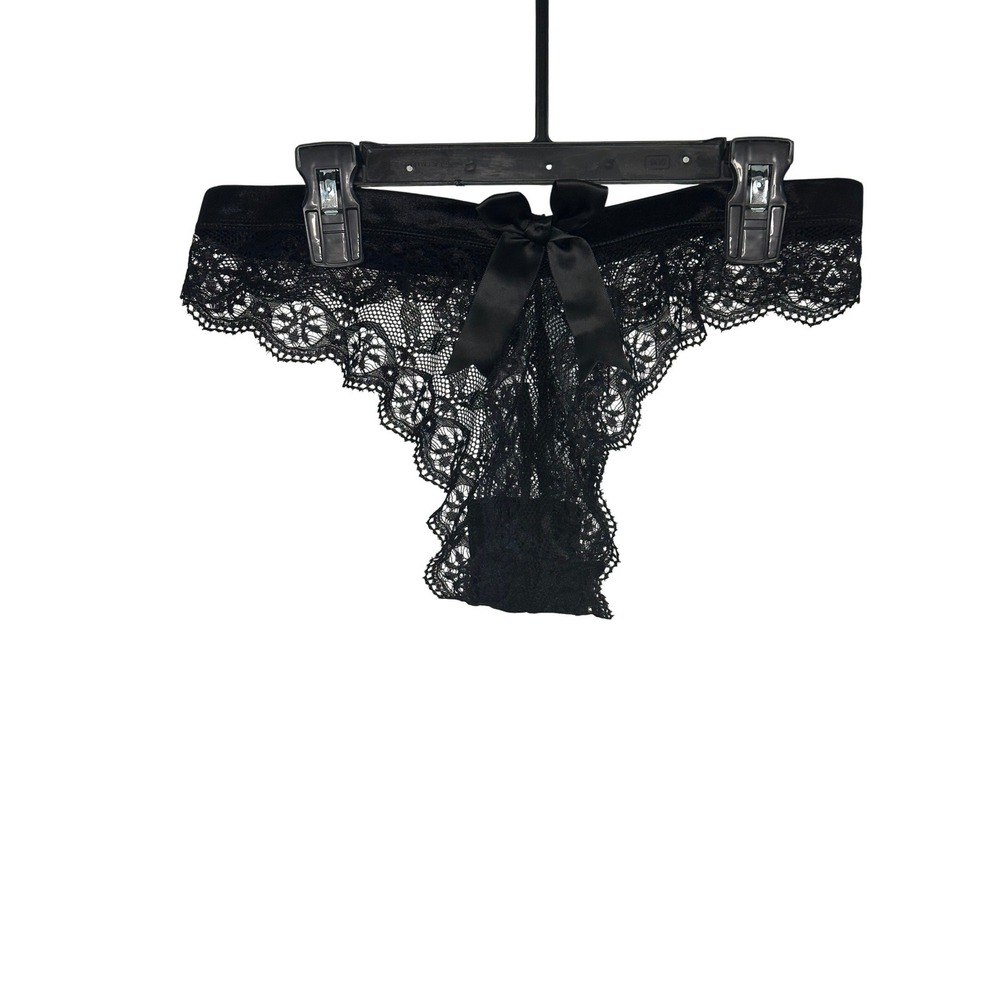 Black Lace Thong Panty‎ Bow Detail Flirty Sexy Lingerie